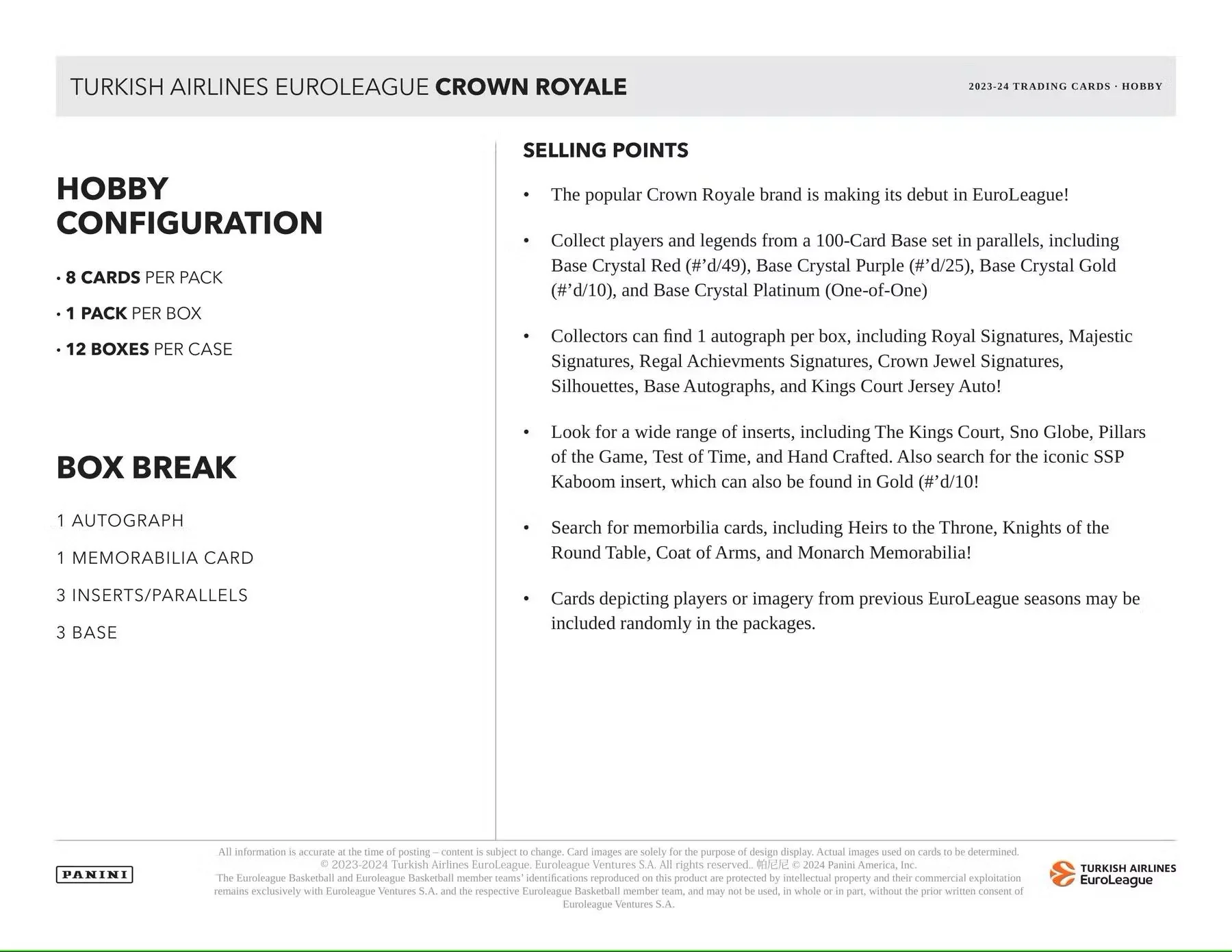2023/24 Panini Crown Royale Turkish Airlines EuroLeague Basketball Hobby - Image 8