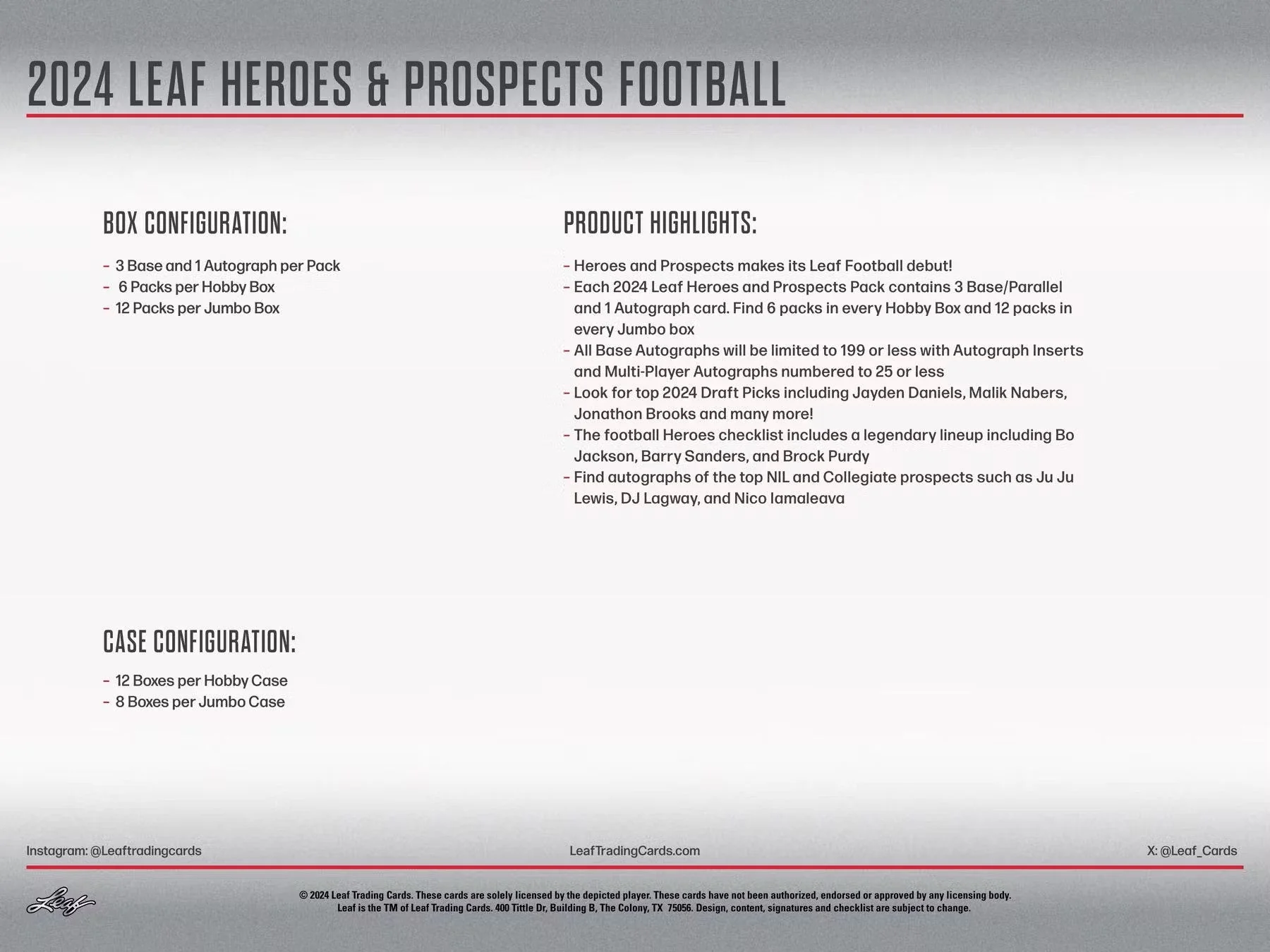 2024 Leaf Heroes & Prospects Football Hobby Box - Image 7