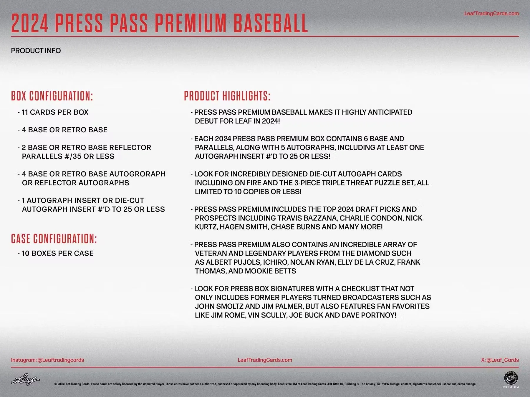 2024 Leaf Press Pass Premium Baseball Hobby Box - Image 8