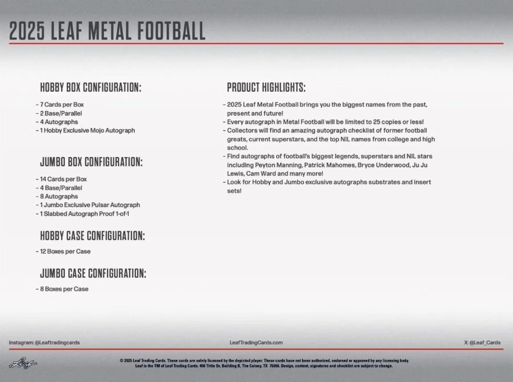 2025 Leaf Metal Football Hobby Jumbo Box - Image 8