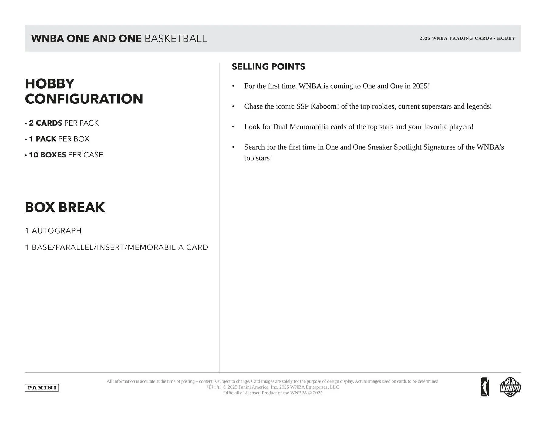 2025 Panini One and One WNBA Basketball Hobby Box | Columbia Sports Cards - Image 4