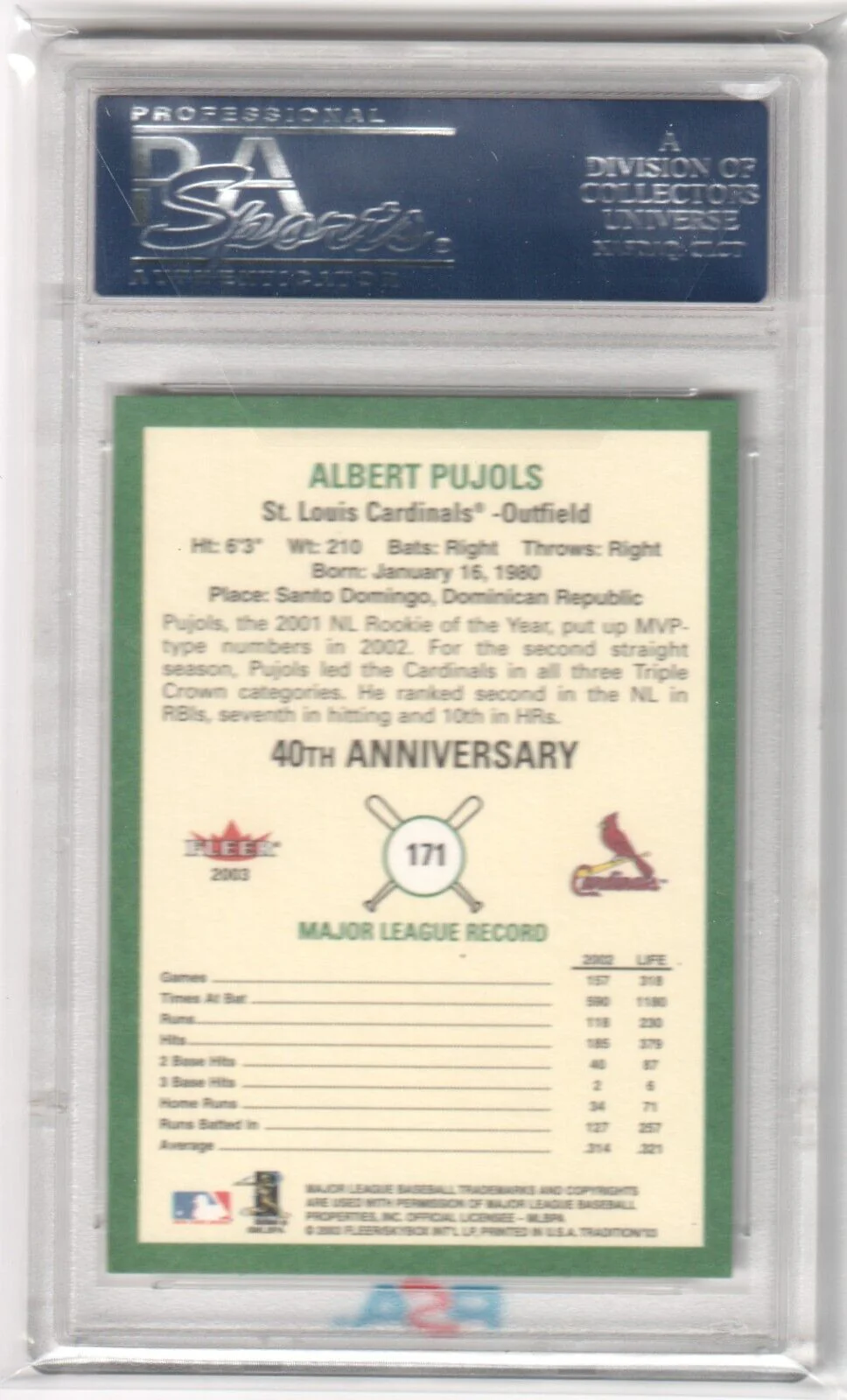 ALBERT PUJOLS 2003 Fleer Tradition #171 PSA 10 GEM MINT - CARDINALS - Image 2