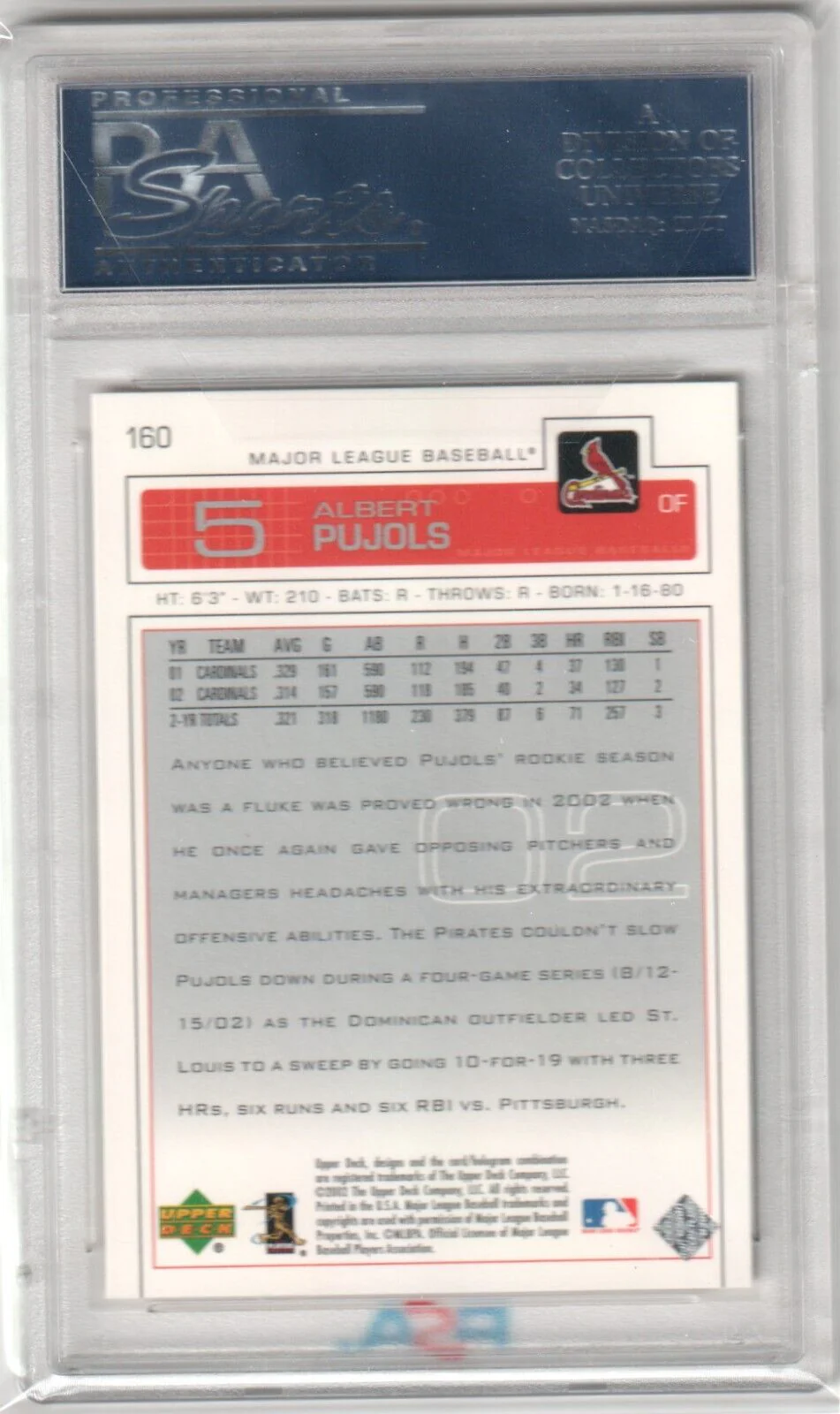 ALBERT PUJOLS 2003 Upper Deck #160 PSA 10 GEM MINT - CARDINALS - Image 2