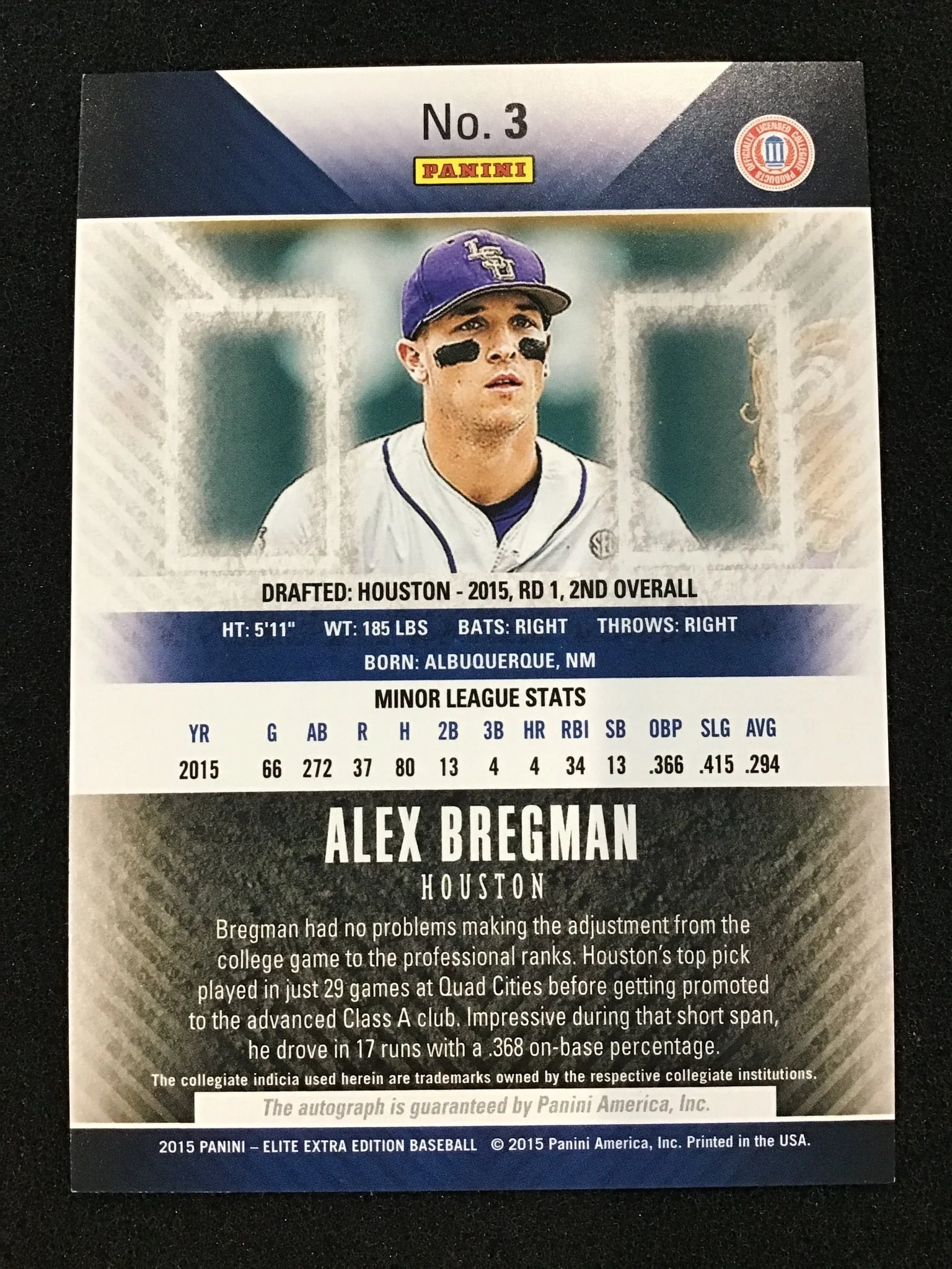 Alex Bregman 2015 Panini Elite Extra Edition 3 Red AU - Houston Astros - Image 2