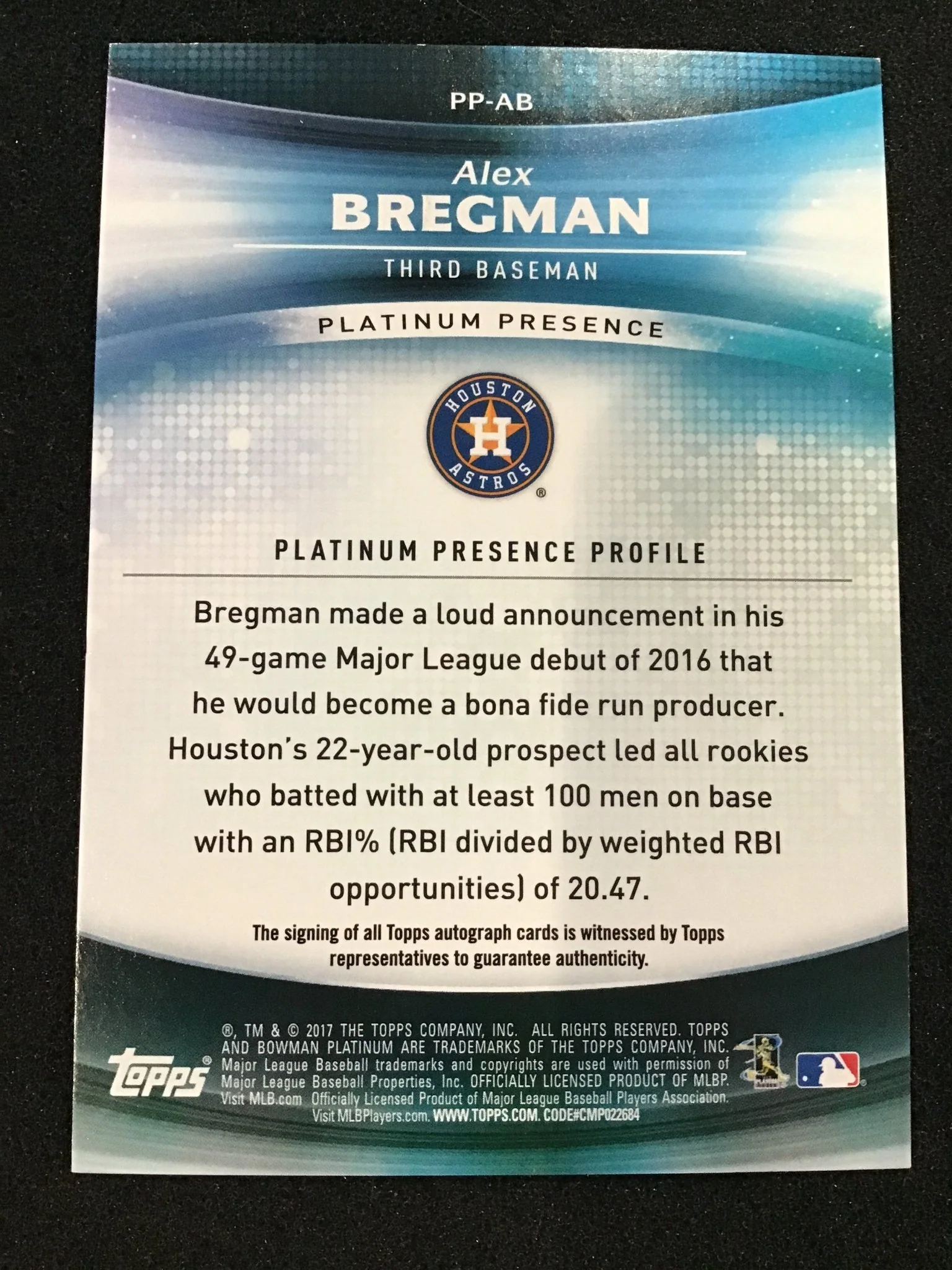 Alex Bregman 2017 Bowman Platinum PP-AB Platinum Presence Auto /50 SSP Astros - Image 2