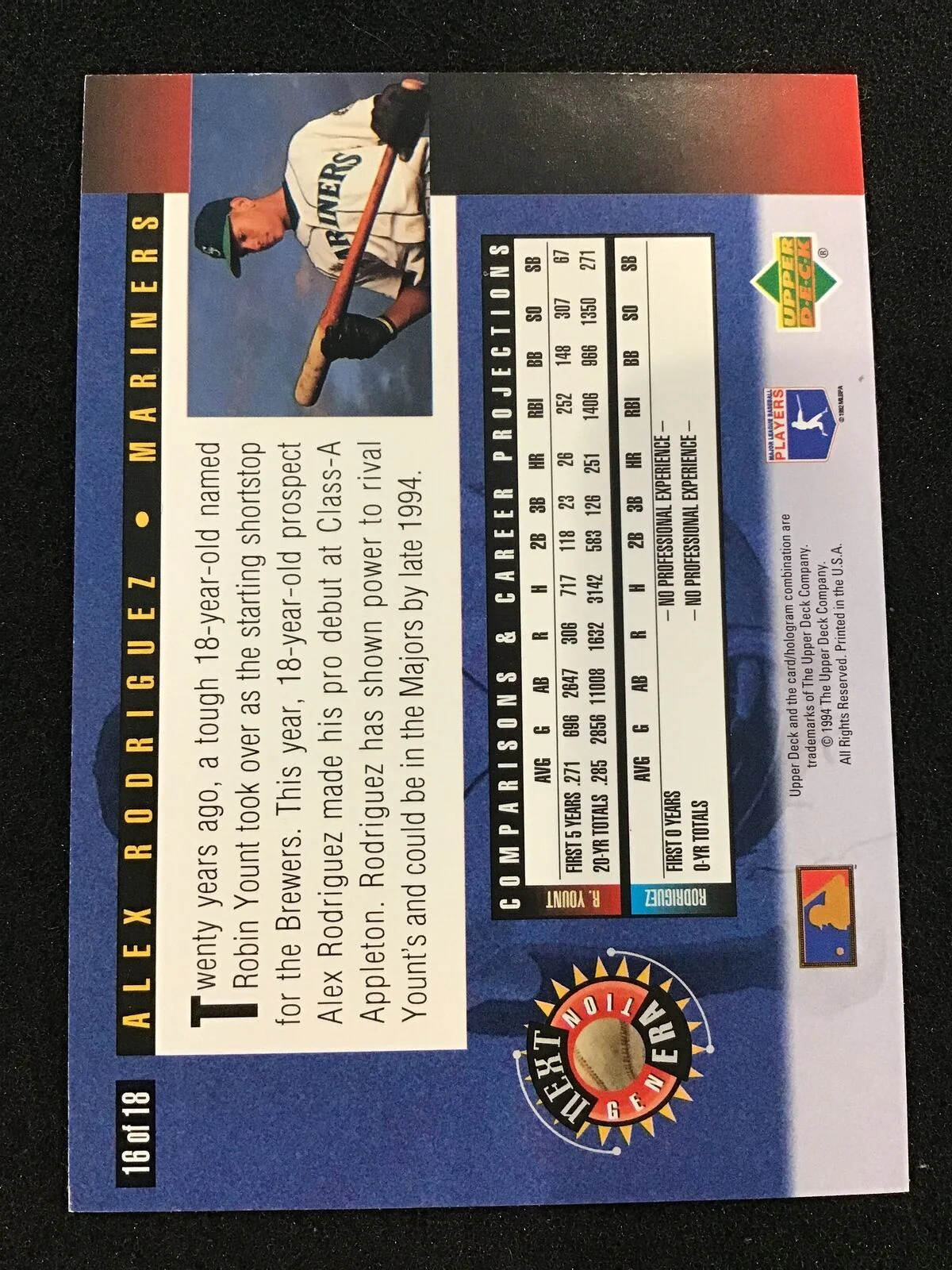 Alex Rodriguez 1994 Upper Deck 16 Next Generation Electric Diamond Mariners - Image 2