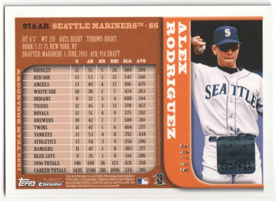 ALEX RODRIGUEZ 2006 Bowman Chrome Autograph Auto #/99 - MARINERS - Image 2