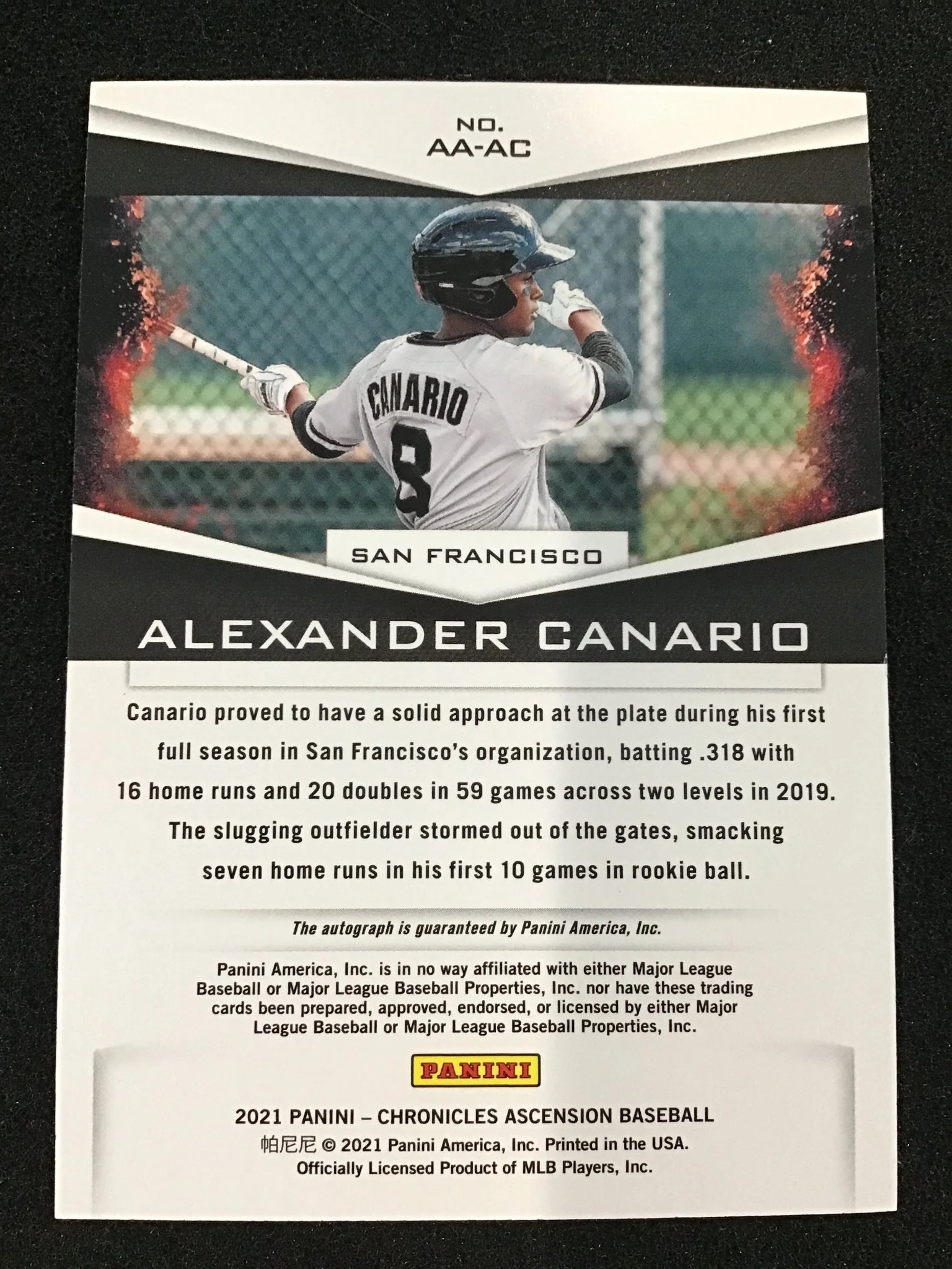Alexander Canario 2021 Panini Chronicles Ascension Auto AA-AC Giants - Image 2