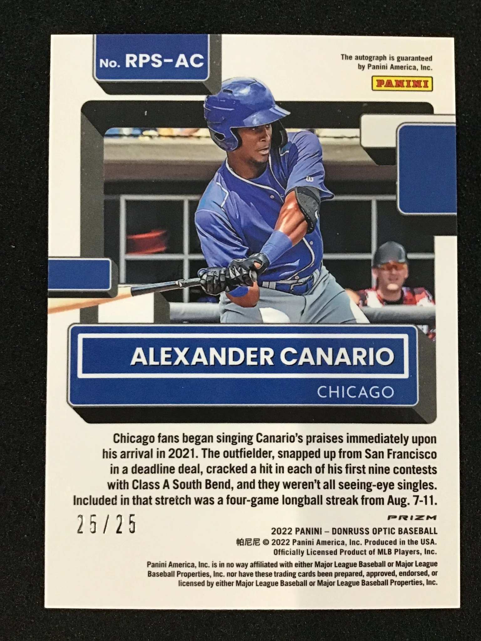 Alexander Canario 2022 Donruss Optic White Rated Prospect Auto /25 SSP Cubs - Image 2