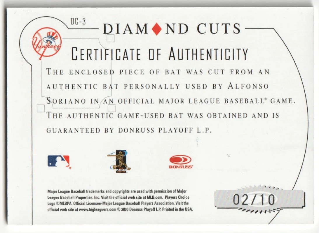 ALFONSO SORIANO 2005 Donruss Diamond Kings Autograph Auto Bat SSP #/10 - YANKEES - Image 2