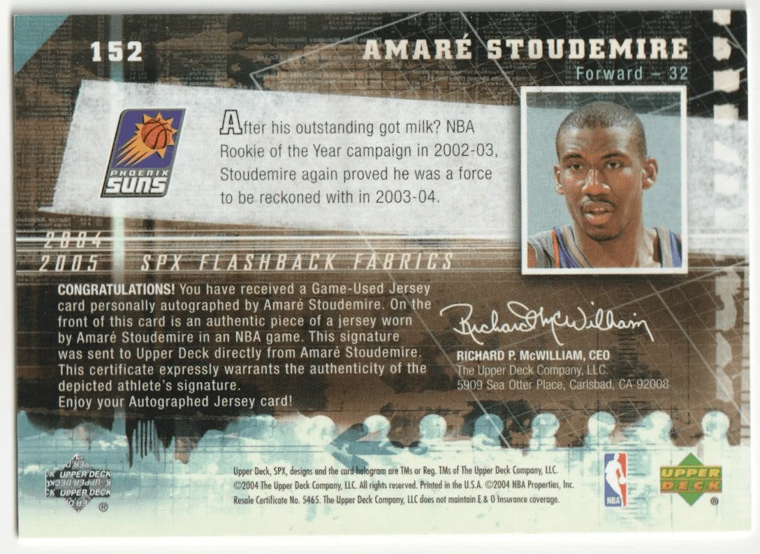 AMARE STOUDEMIRE 2004-05 Upper Deck SPx Autograph Auto Jersey - SUNS - Image 2
