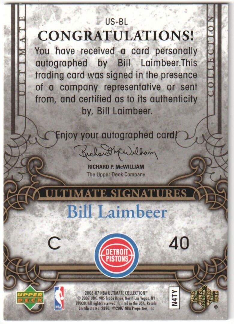 BILL LAIMBEER 2006-07 Upper Deck Ultimate Collection Autograph Auto  - PISTONS - Image 2