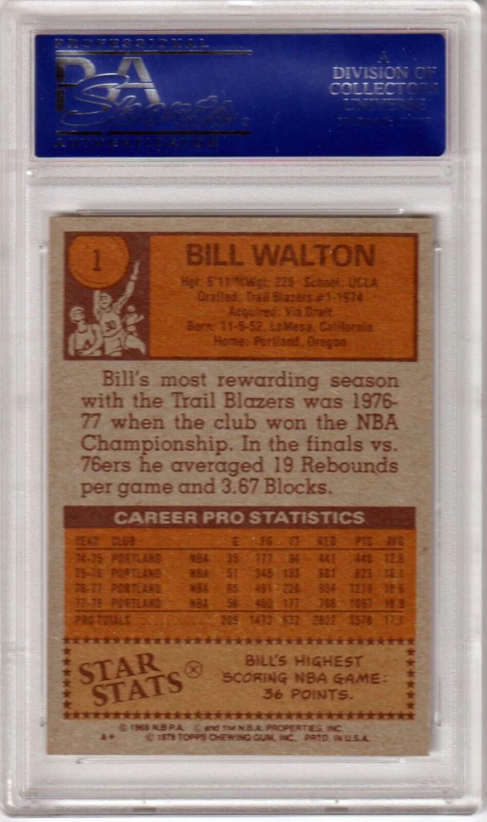 BILL WALTON 1978-79 Topps #1 PSA 9 MINT - BLAZERS - Image 2