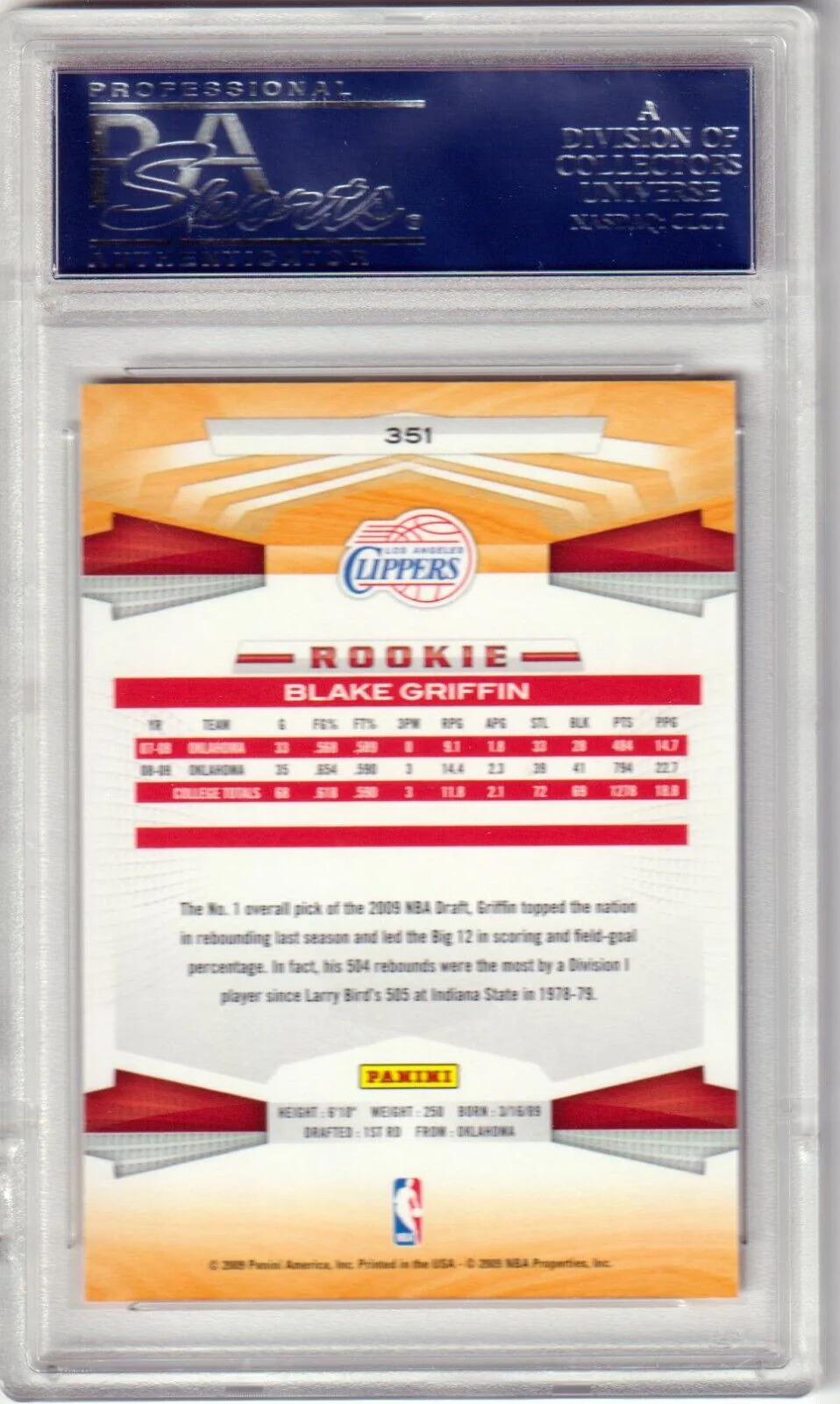 BLAKE GRIFFIN 2009-10 Panini Rookie RC #351 PSA 10 GEM MINT - CLIPPERS - Image 2
