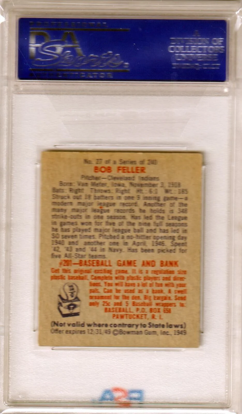 BOB FELLER 1949 Bowman #27 PSA 6 EX-MT - INDIANS - Image 2