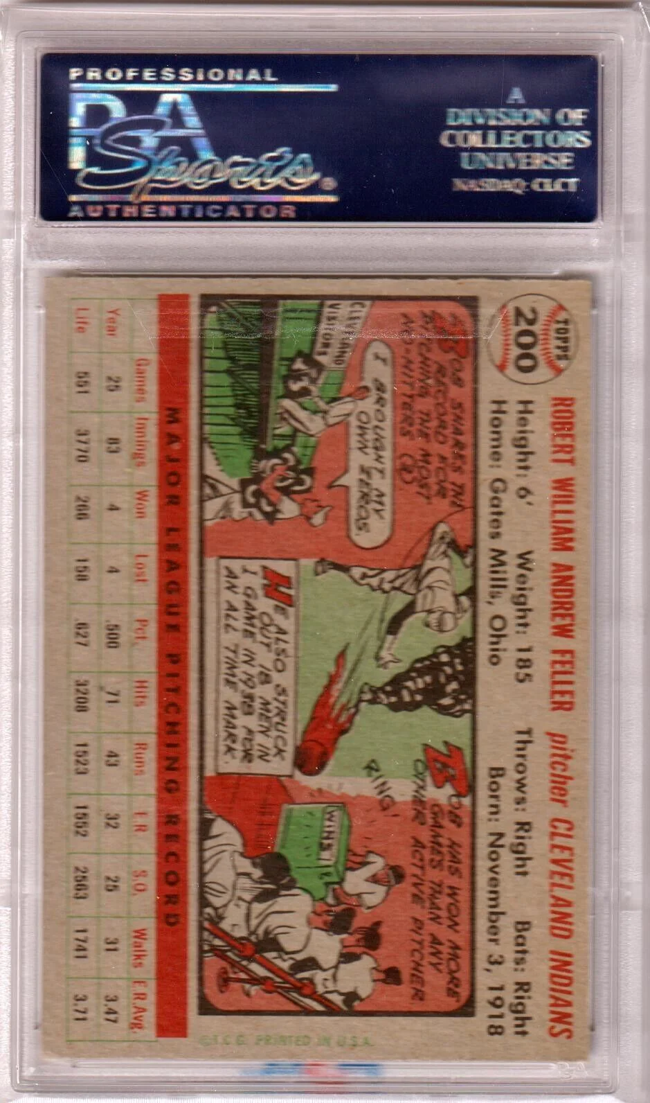 BOB FELLER 1956 Topps #200 PSA 7 NM - INDIANS - Image 2