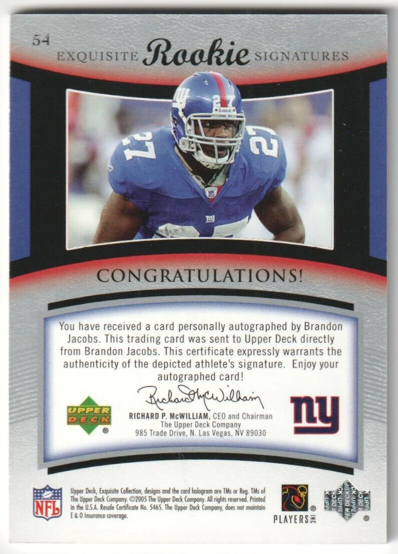 BRANDON JACOBS 2005 Upper Deck Exquisite RC Rookie Autograph Auto #/150 - GIANTS - Image 2