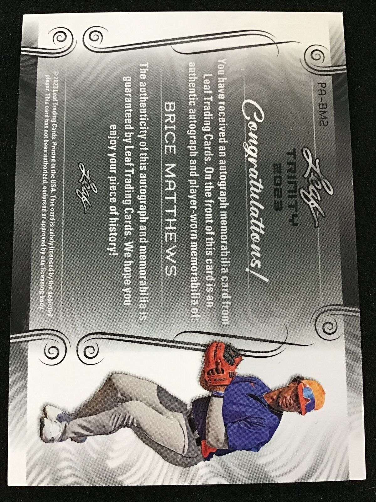 Brice Matthews 2023 Leaf Trinity CA-BM2 Green RC Patch Auto /25 SSP Phillies - Image 2