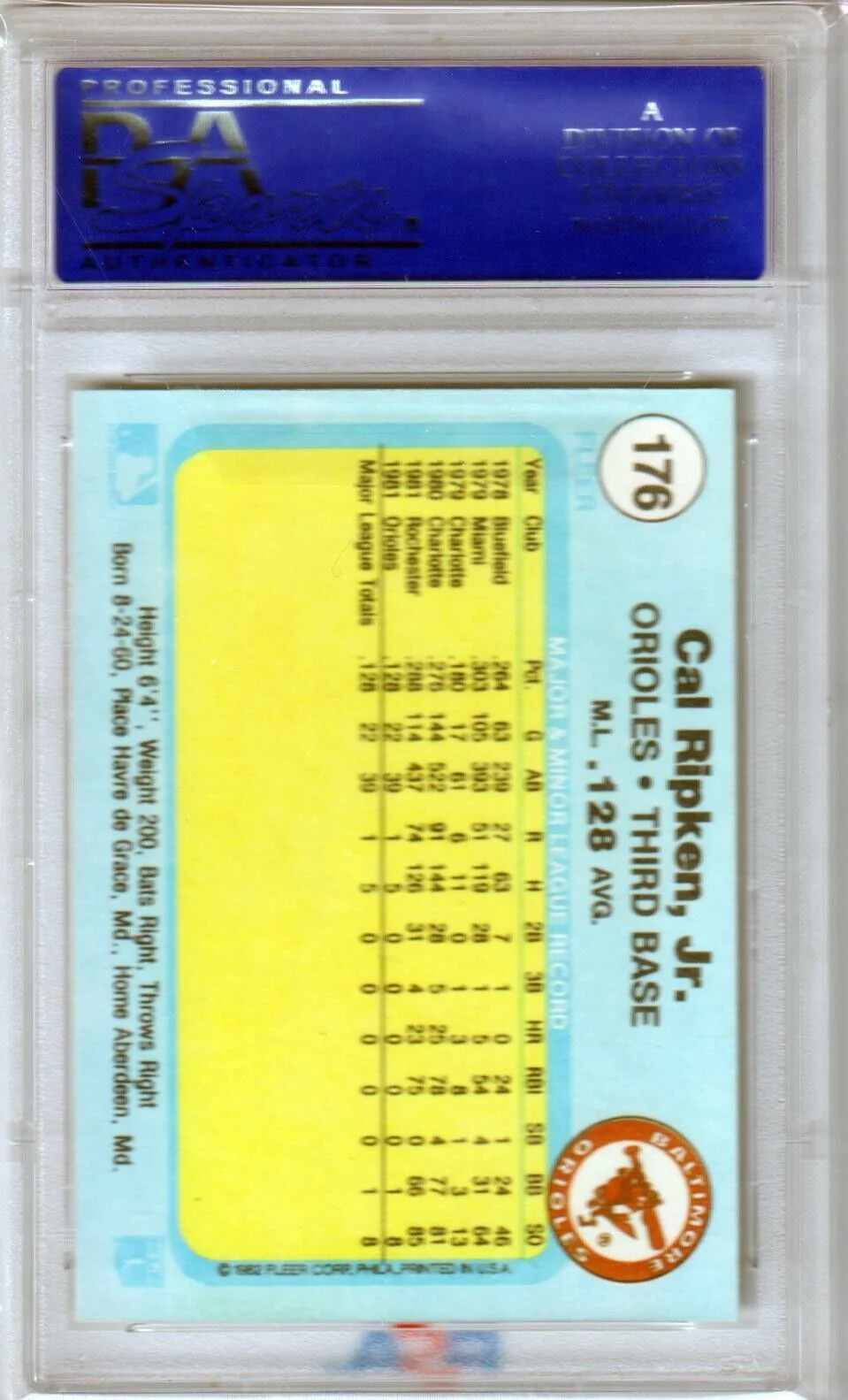 CAL RIPKEN JR 1982 Fleer RC Rookie #176 PSA 9 MINT - ORIOLES - Image 2