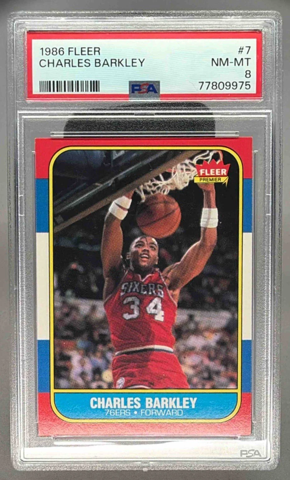 CHARLES BARKLEY 1986 FLEER ROOKIE RC PSA 8 - 76ERS