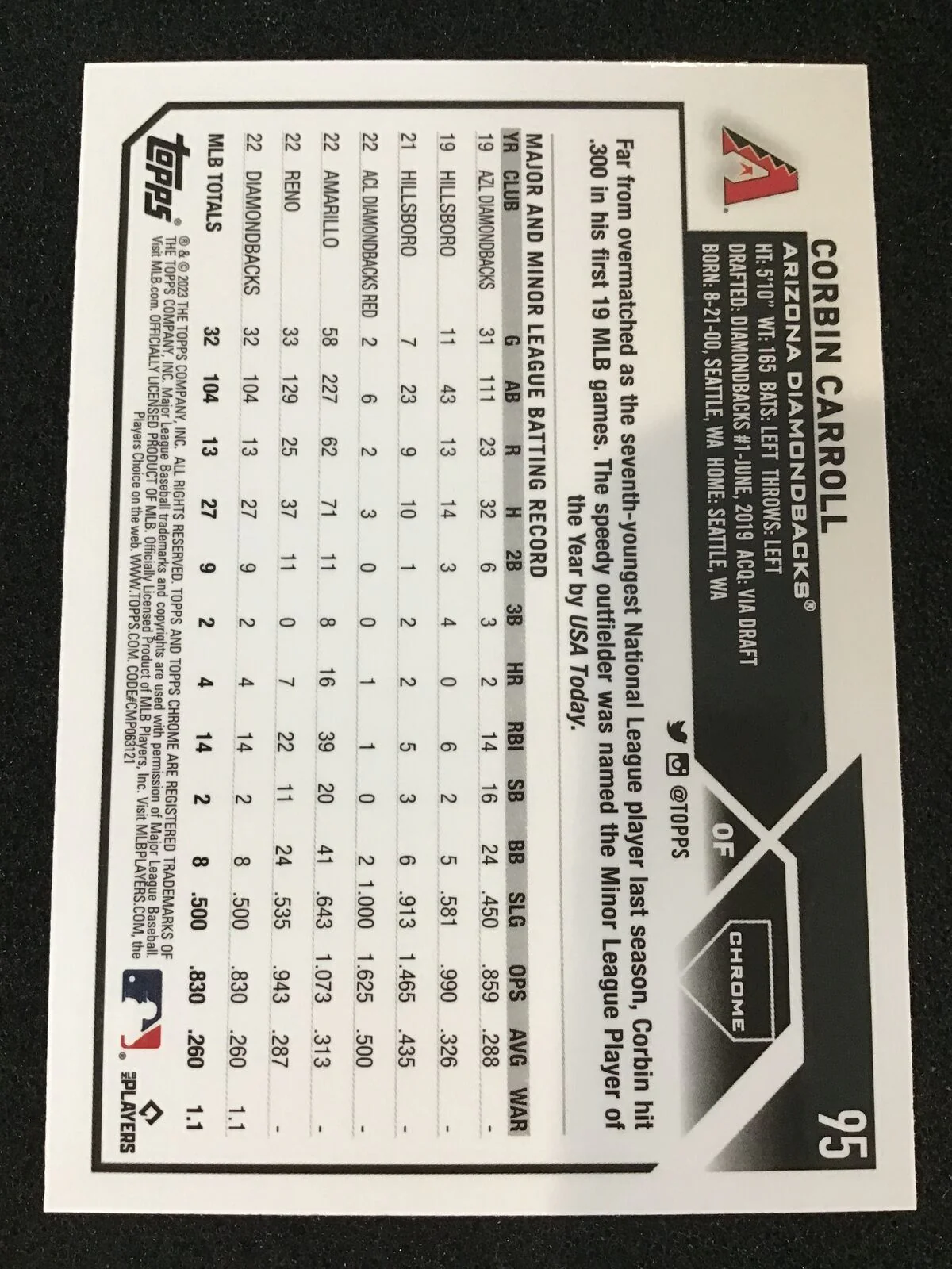 Corbin Carroll 2023 Topps Chrome 95 X-Fractor Diamondbacks - Image 2