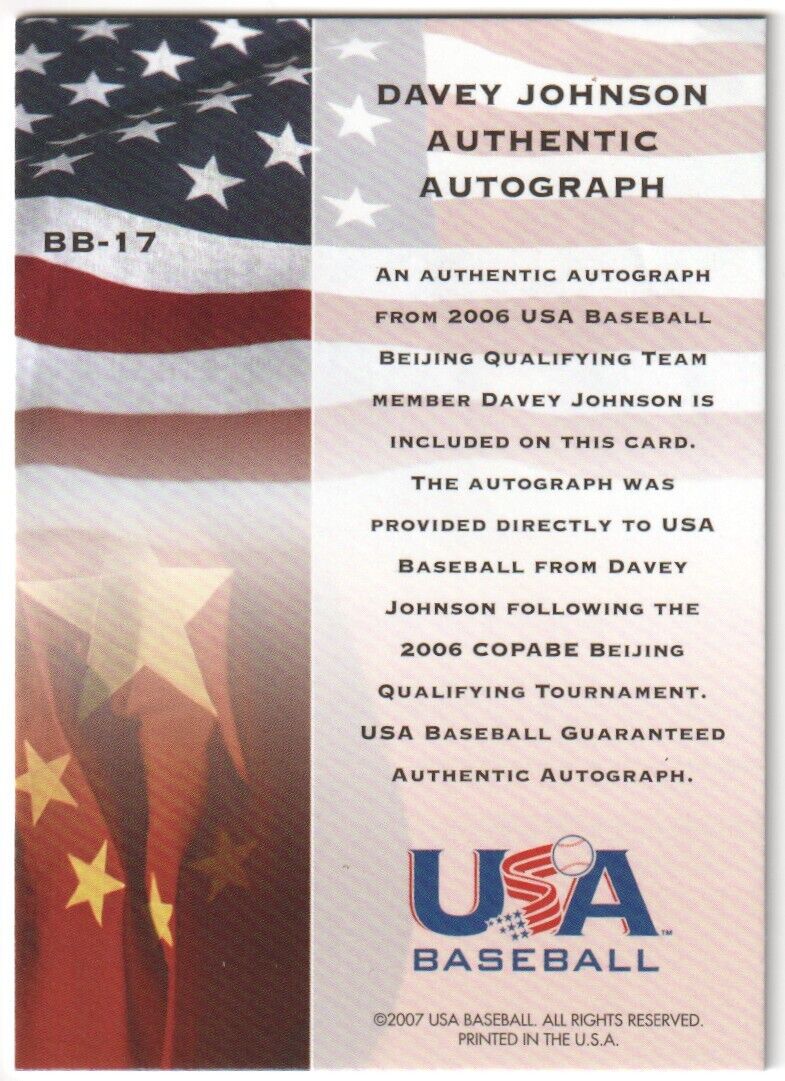 DAVEY JOHNSON 2007 USA Baseball Red Autograph Auto SP #/50 TEAM USA - Image 2