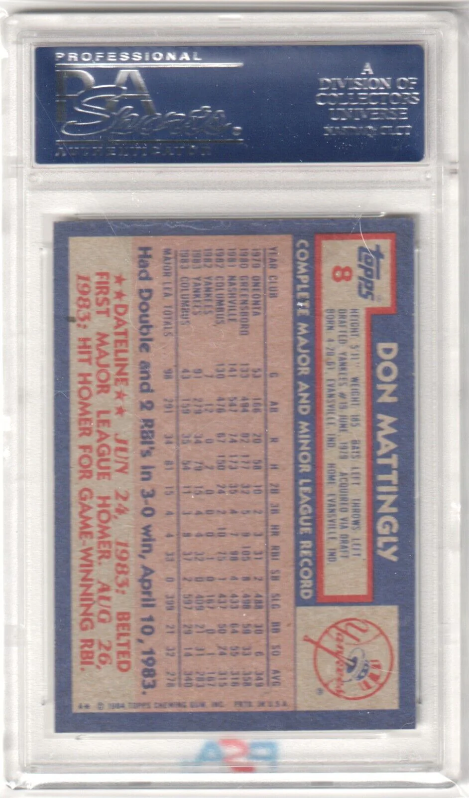 DON MATTINGLY 1984 Topps RC Rookie #8 PSA 9 MINT - YANKEES - Image 2