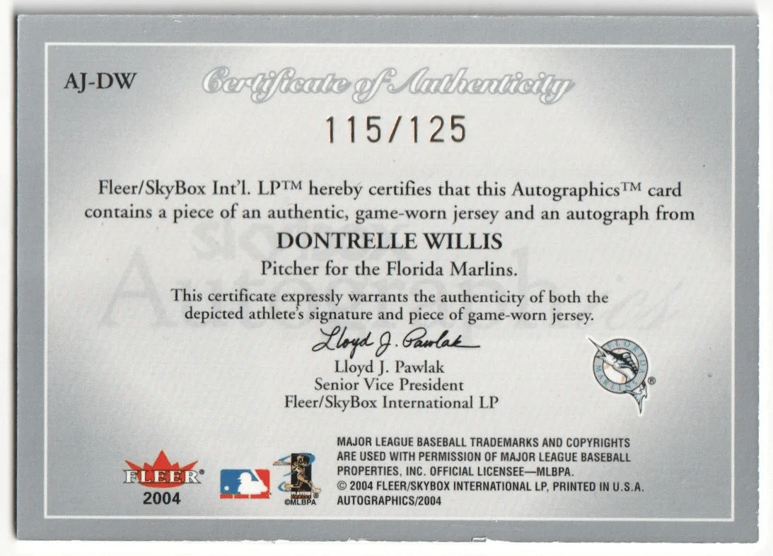 DONTRELLE WILLIS 2004 Skybox Autographix Autograph Auto Jersey #/125 - MARLINS - Image 2