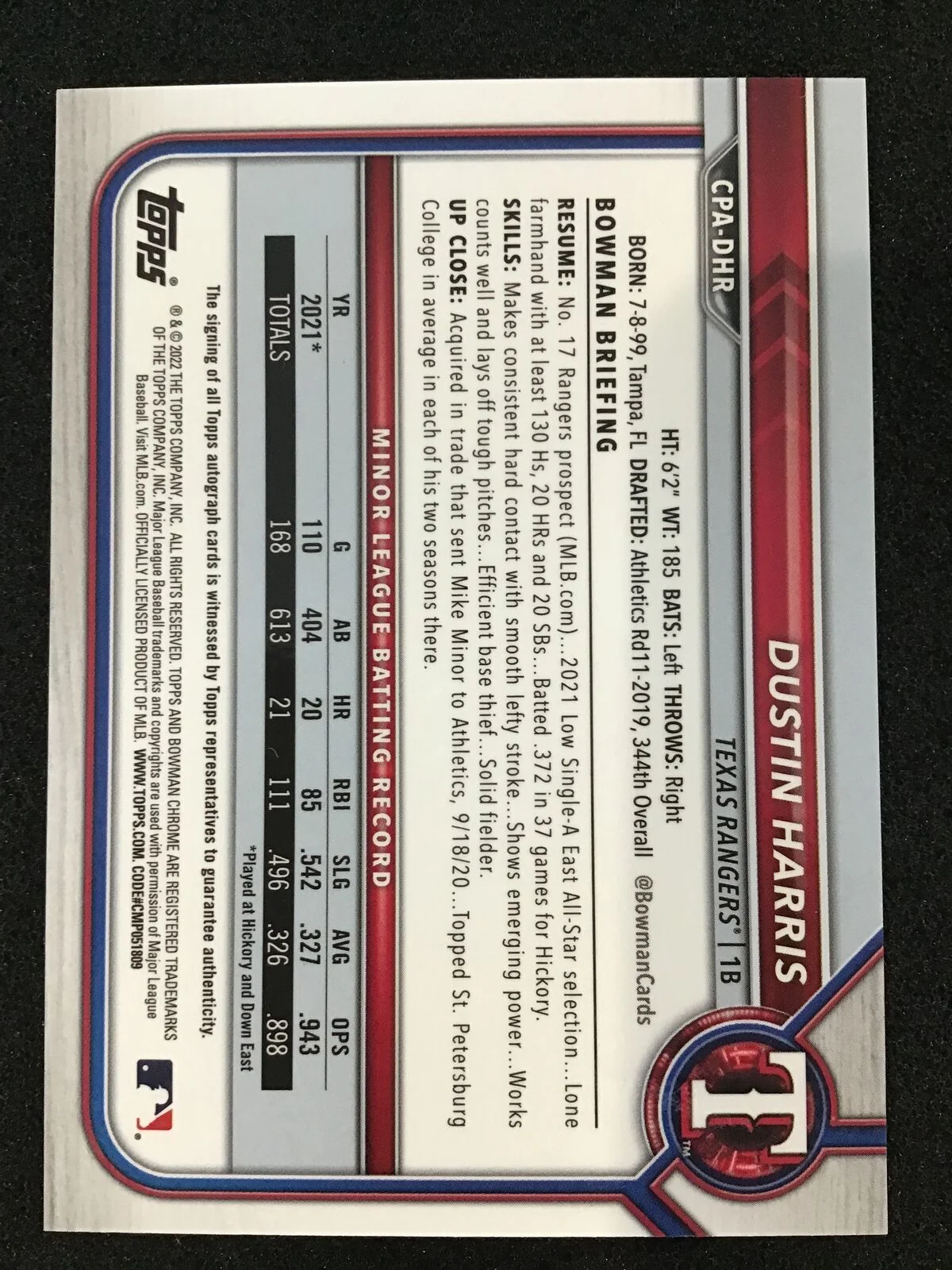 Dustin Harris 2022 Bowman Chrome 1st Prospects Autograph CPA-DHR Texas Rangers - Image 2