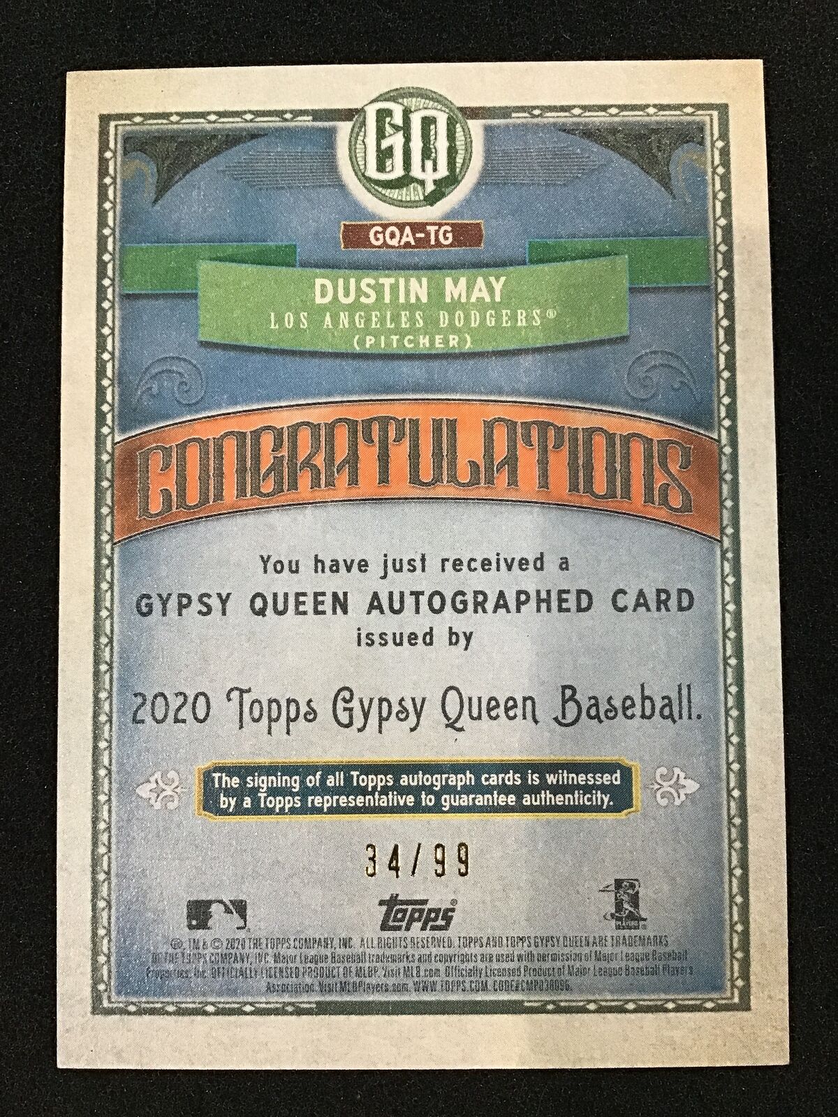 Dustin May 2020 Topps Gypsy Queen RC Auto /99 GQA-TG SP Dodgers - Image 2