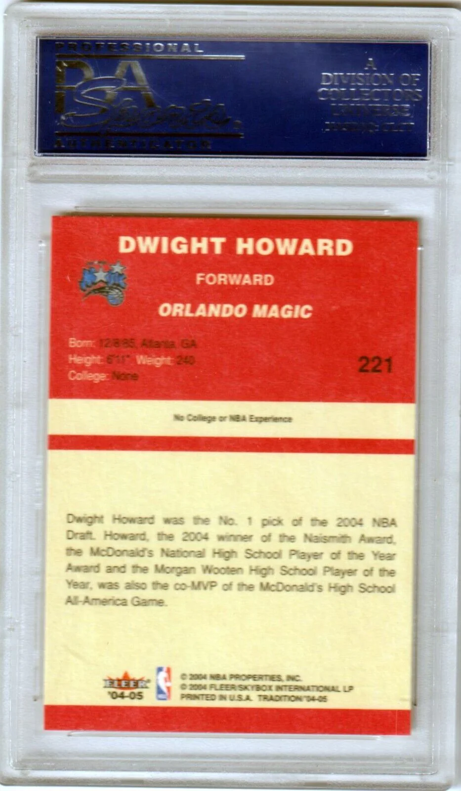 DWIGHT HOWARD 2004-05 Fleer Tradition RC Rookie Red #221 PSA 10 GEM MINT - MAGIC - Image 2