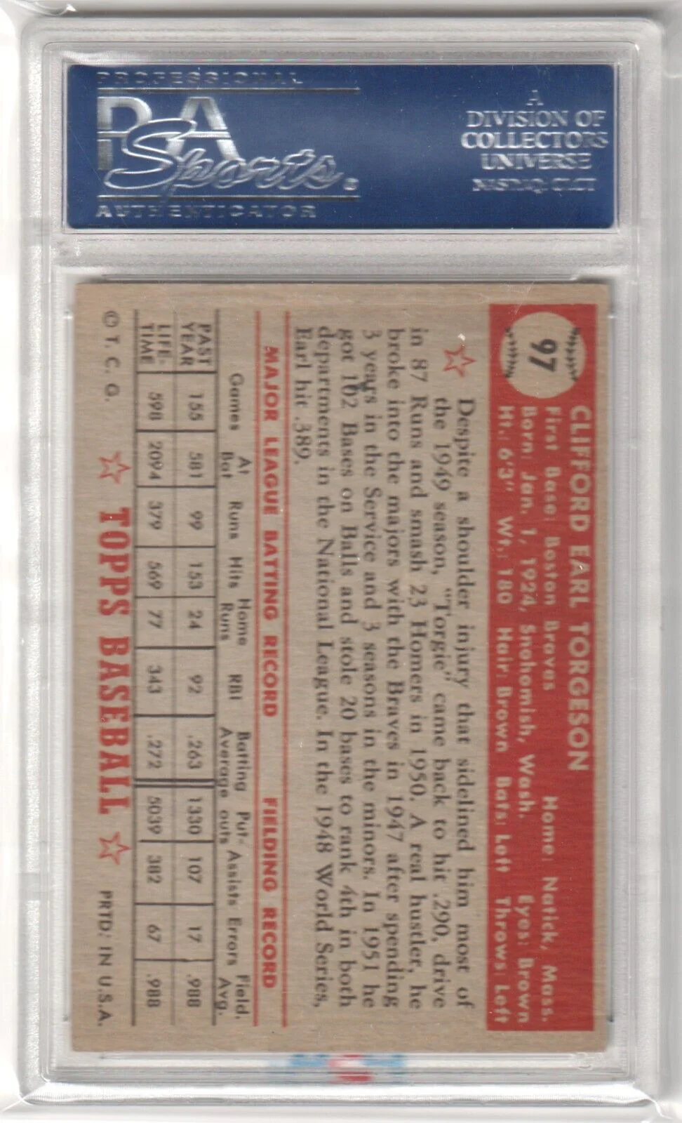 EARL TORGESON 1952 Topps #97 PSA 6 EX-MT - BRAVES - Image 2