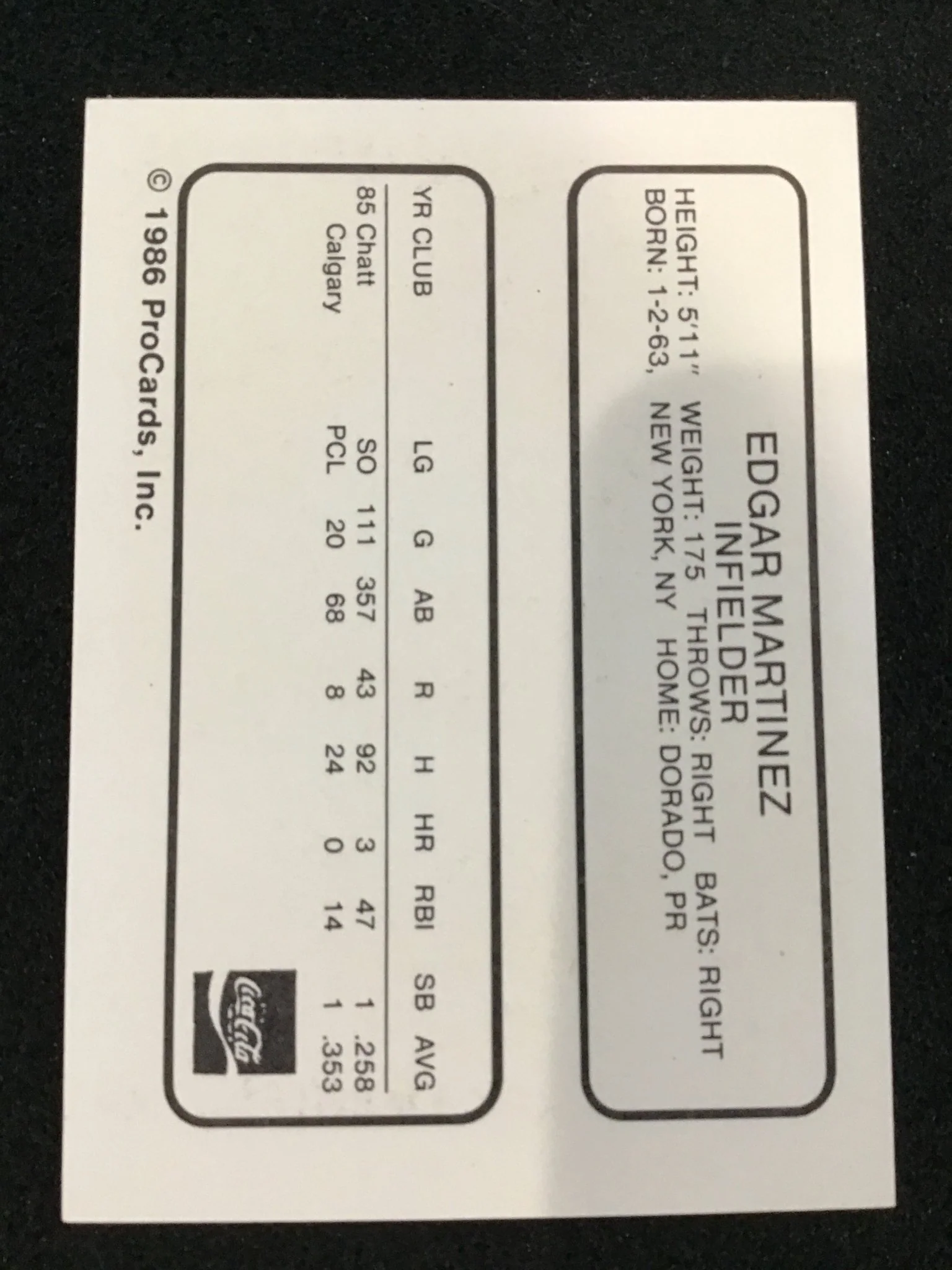 Edgar Martinez 1986 ProCards Chattanooga Lookouts 17 - Chattanooga Lookouts - Image 2