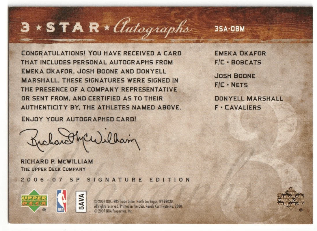 EMEKA OKAFOR JOSH BOONE DONYELL MARSHALL 2006-07 SP Signature Autograph Auto /25 - Image 2
