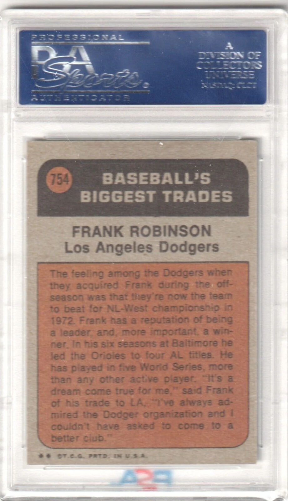 FRANK ROBINSON 1972 Topps #754 PSA 8 NM-MT - DODGERS - Image 2