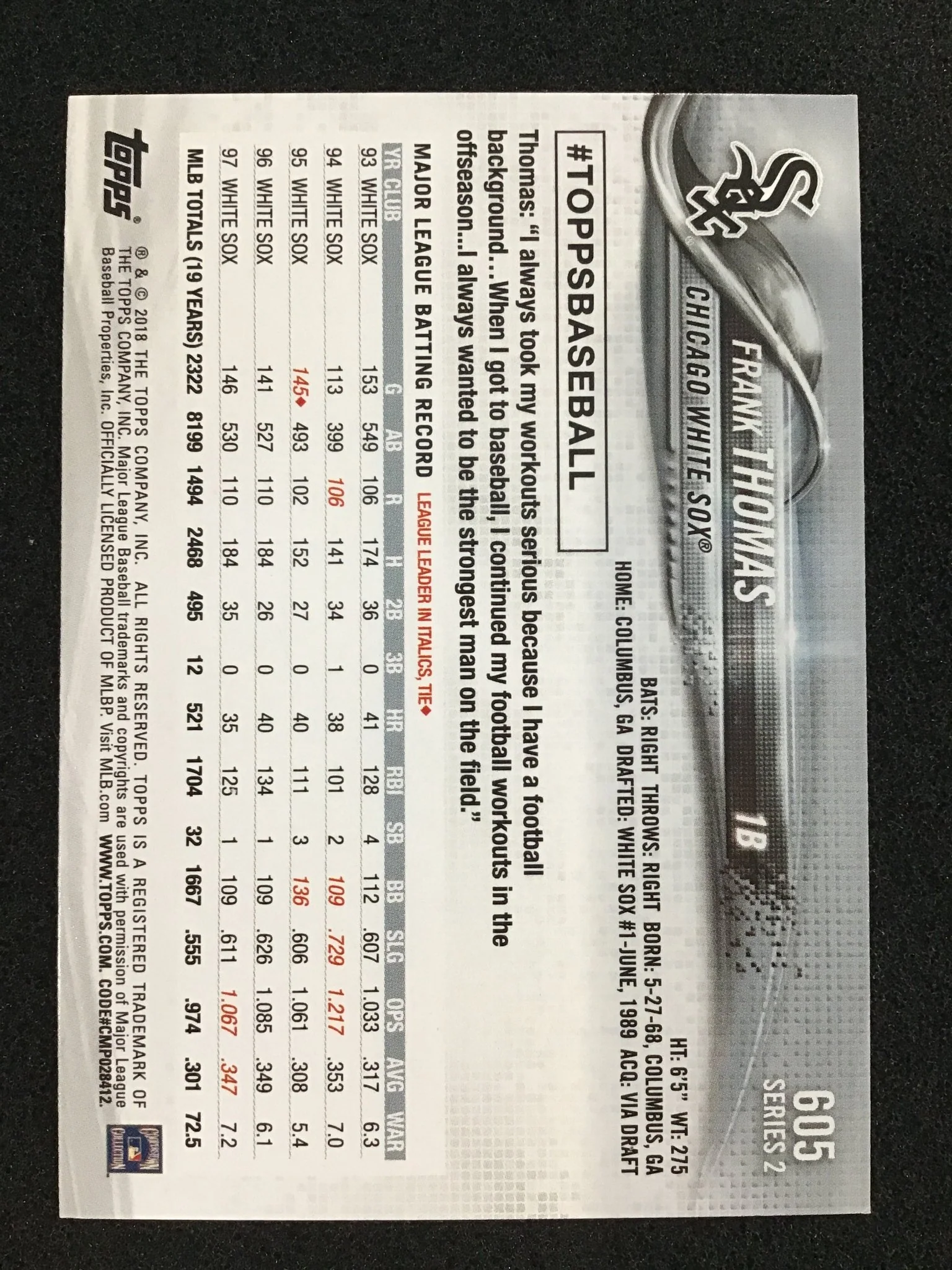 Frank Thomas 2018 Topps Series 2 Image Variation SP Chicago White Sox - Image 2