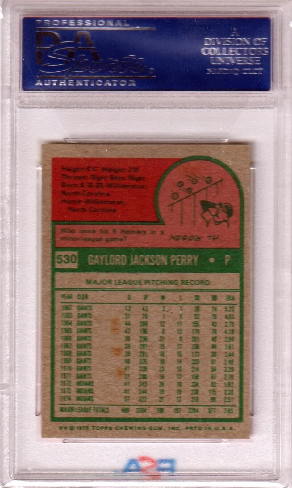 GAYLORD PERRY 1975 Topps Mini #530 PSA 8 NM-MT - INDIANS - Image 2