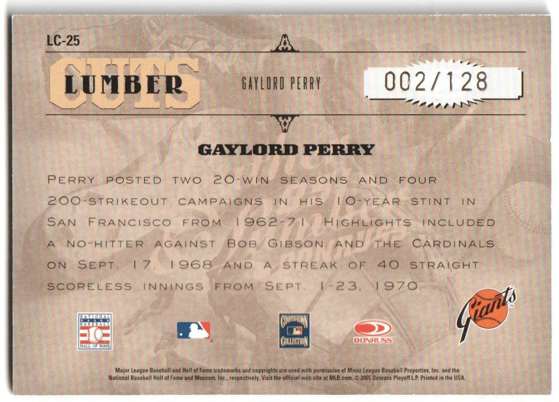 GAYLORD PERRY 2005 Donruss Leather & Lumber Autograph Auto Wood SP #/128 GIANTS - Image 2