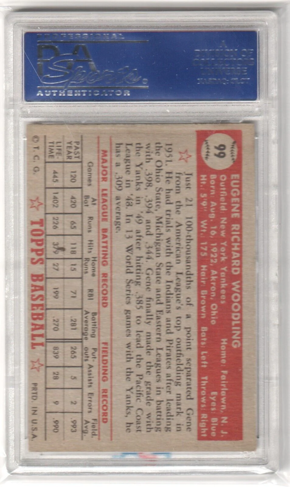 GENE WOODLING 1952 Topps #99 PSA 6 EX-MT - YANKEES - Image 2