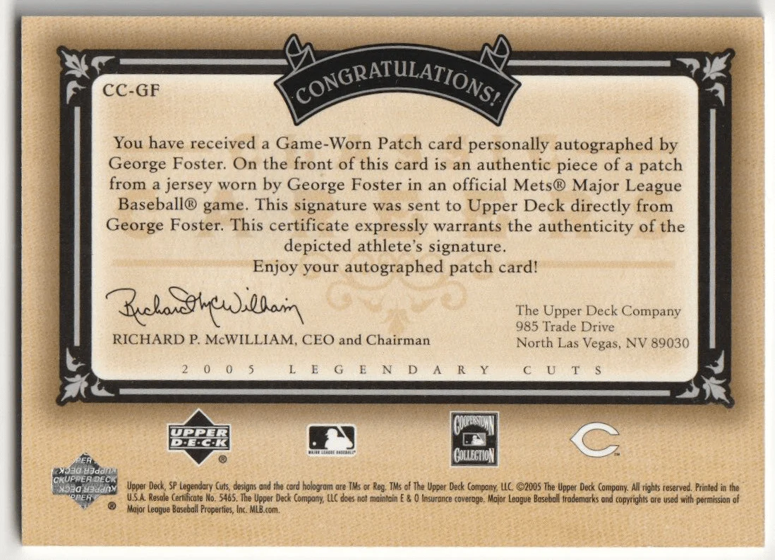 GEORGE FOSTER 2005 Upper Deck SP Legendary Cuts Autograph Auto Jersey #1/5 REDS - Image 2
