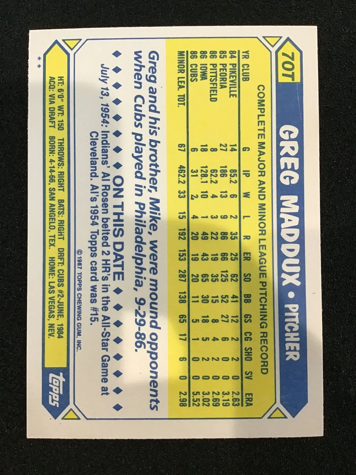 Greg Maddux 1987 Topps Chewing Gum #70T Cubs - Image 2