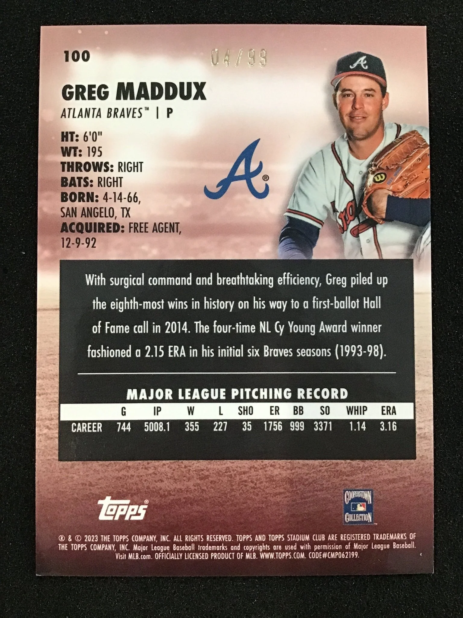 Greg Maddux 2023 Topps Stadium Club Chrome Gold Refractor /99 SP Braves - Image 2