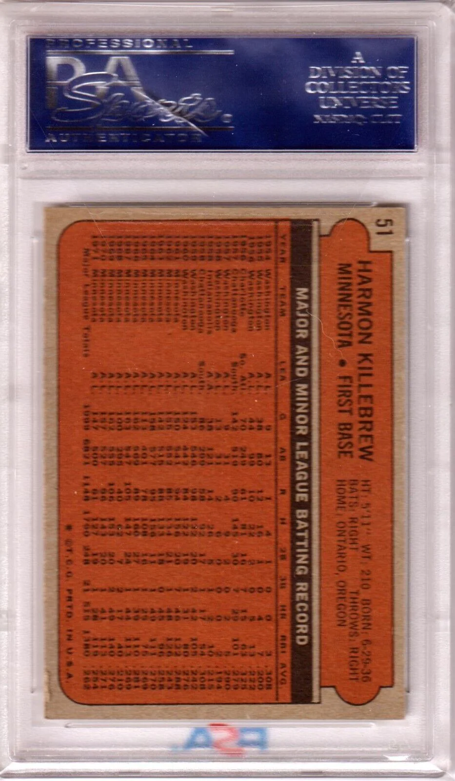 HARMON KILLEBREW 1972 Topps #51 PSA 8 NM-MT - TWINS - Image 2
