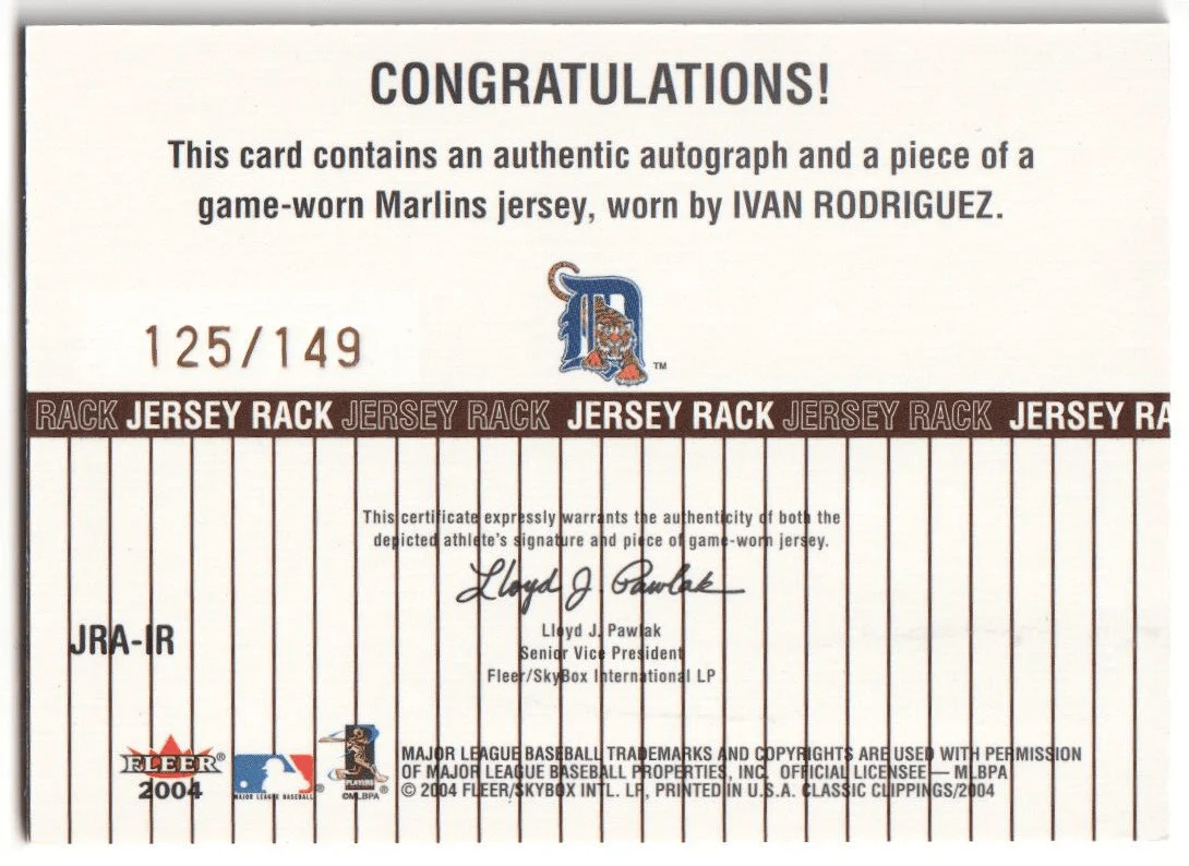IVAN PUDGE RODRIGUEZ 2004 Fleer Classic Clippings Autograph Auto Jersey #/149 - Image 2