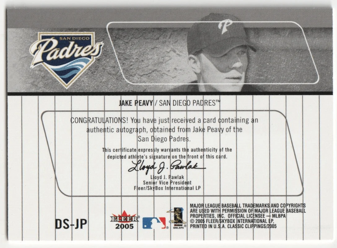 JAKE PEAVY 2005 Fleer Classic Clippings Autograph Auto Blue Foil - PADRES - Image 2