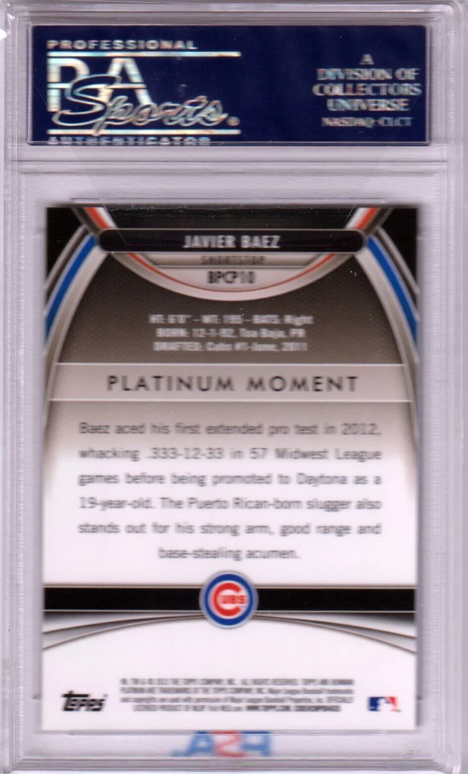 JAVIER BAEZ 2013 Bowman Platinum Green Refractor #/399 PSA 10 GEM MINT - Image 2