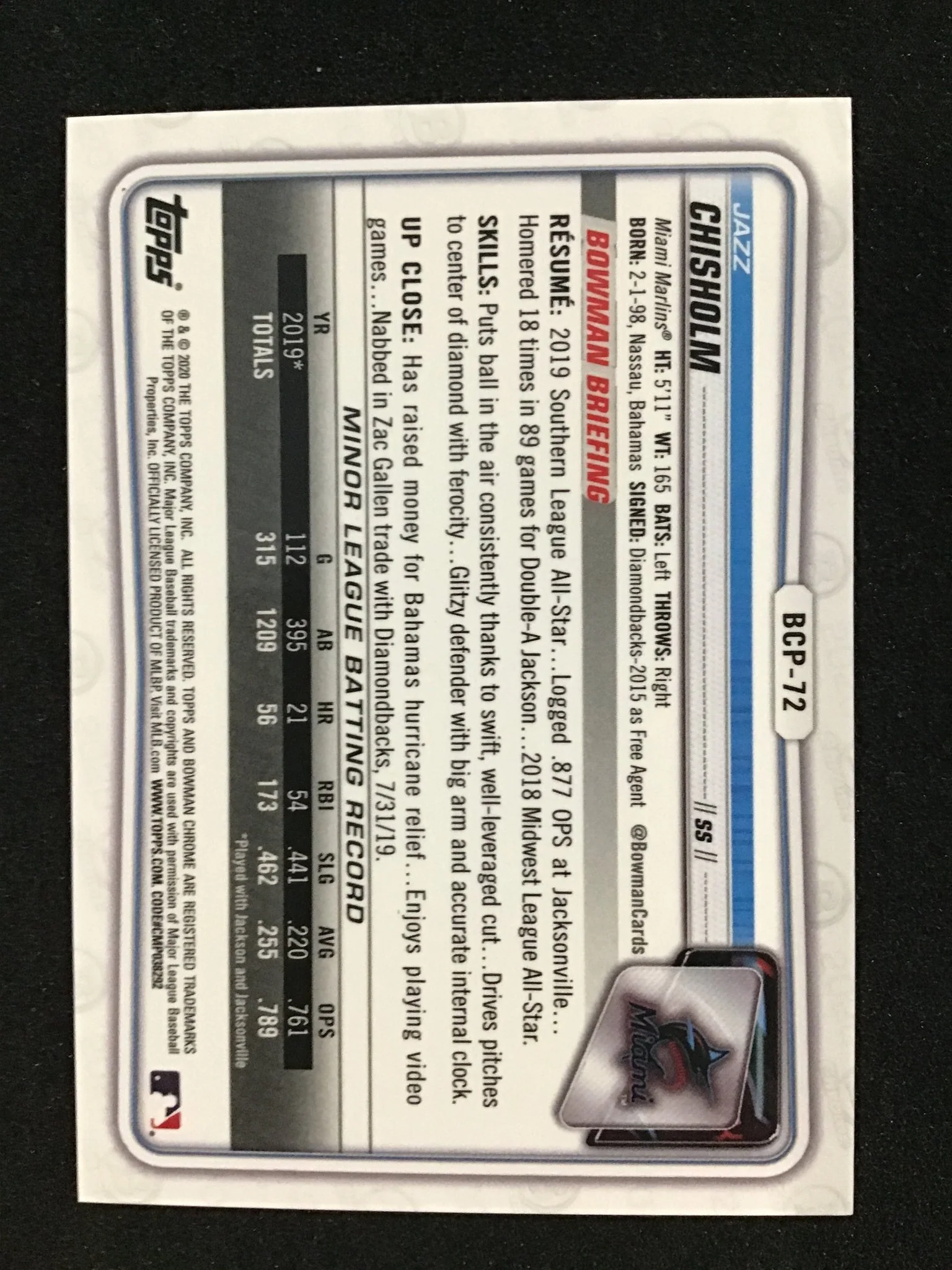 Jazz Chisholm 2020 Bowman Chrome Prospects Green Refractor /99 BCP-72 Marlins - Image 2