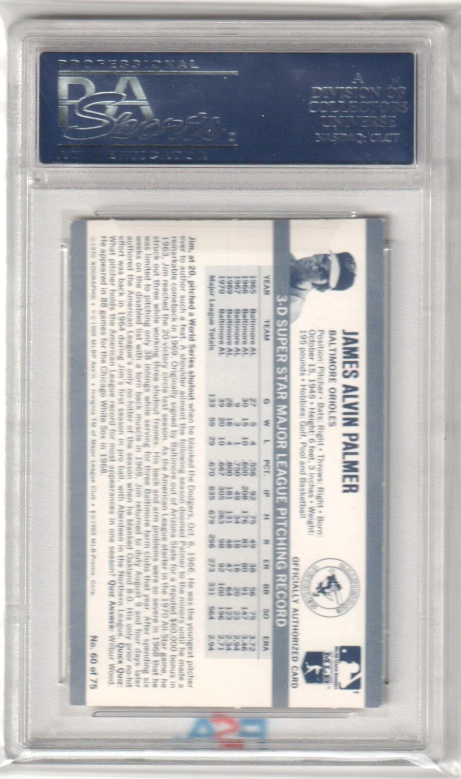 JIM PALMER 1973 Kellogg's 3-D Super Stars #60 PSA 7 NM - ORIOLES - Image 2