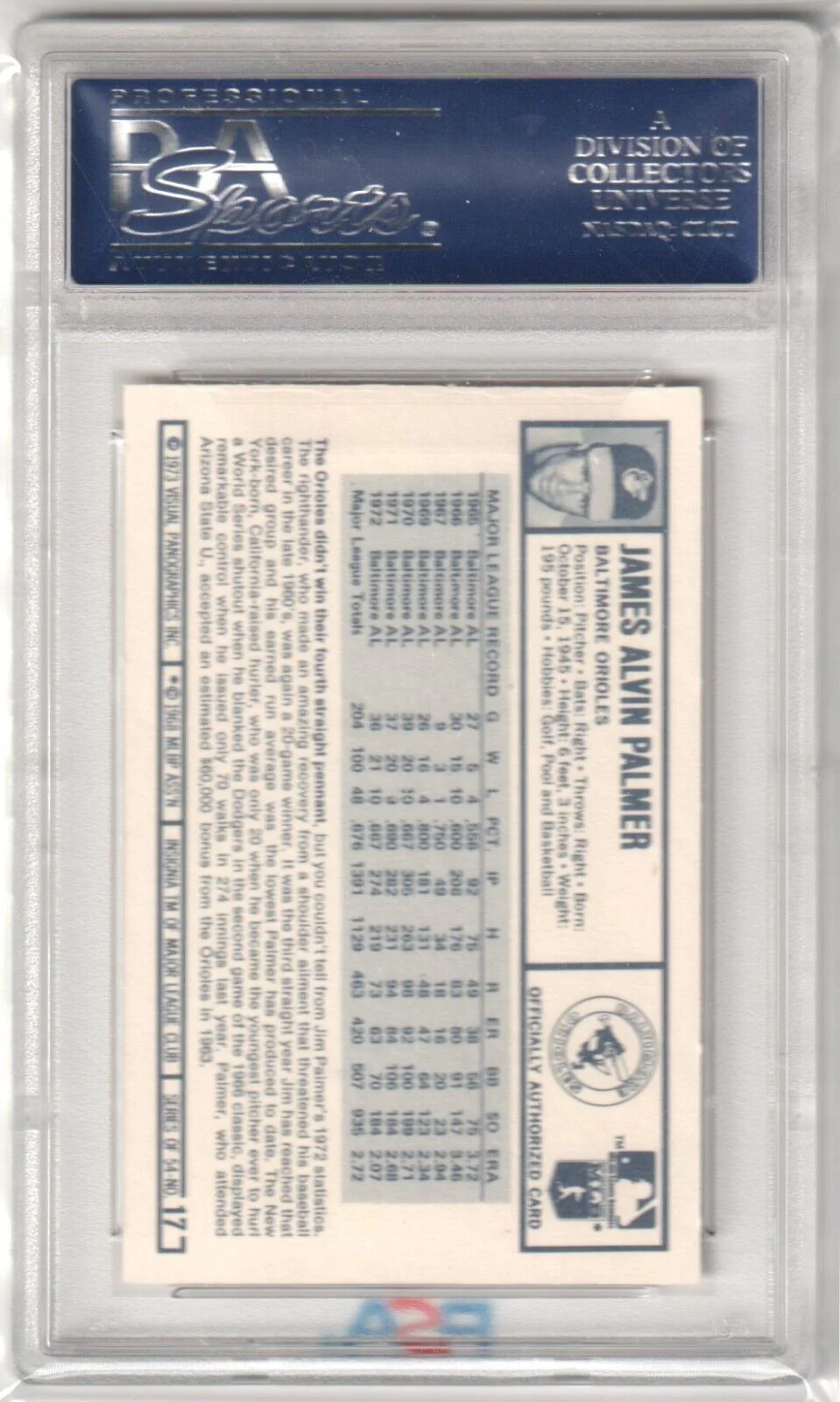 JIM PALMER 1973 Kellogg's Pro Super Stars #17 PSA 10 GEM MINT - ORIOLES - Image 2