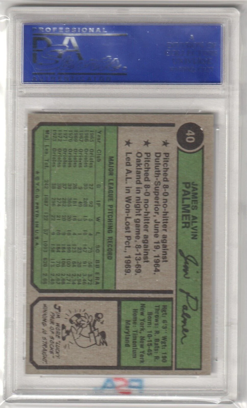 JIM PALMER 1974 Topps #40 PSA 8 NM-MT - ORIOLES - Image 2